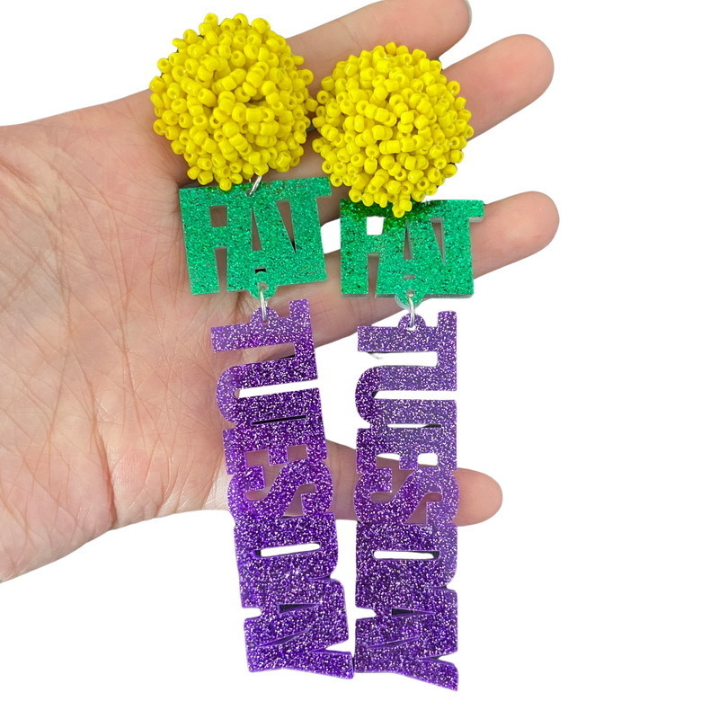 NUORO Wholesale 2024 Acrylic  Love Fat Tuesday Bons Temps Druzy Letter Colorful Bead Ball Mardi Gras Earring