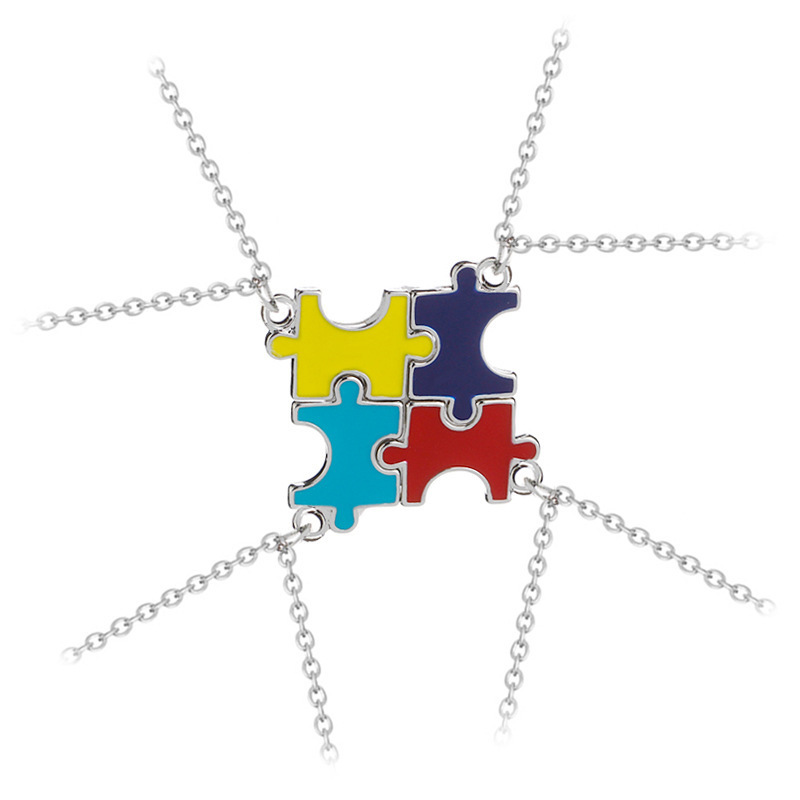 Creative Best Friend Sister Necklaces Matching Colorful Enamel Friendship Jewelry Party Gift 4 Pieces Autism Puzzle Necklace Set