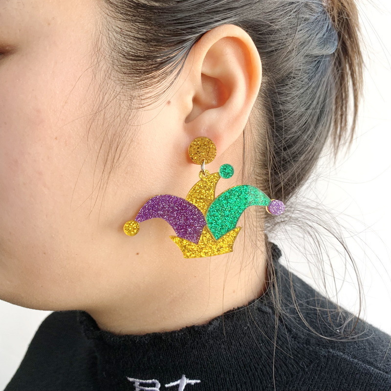 NUORO New Acrylic Glitter Crown Mask Fleur De Lis Earrings For Women Colorful Celebrations Cosplay Party Mardi Gras Earrings