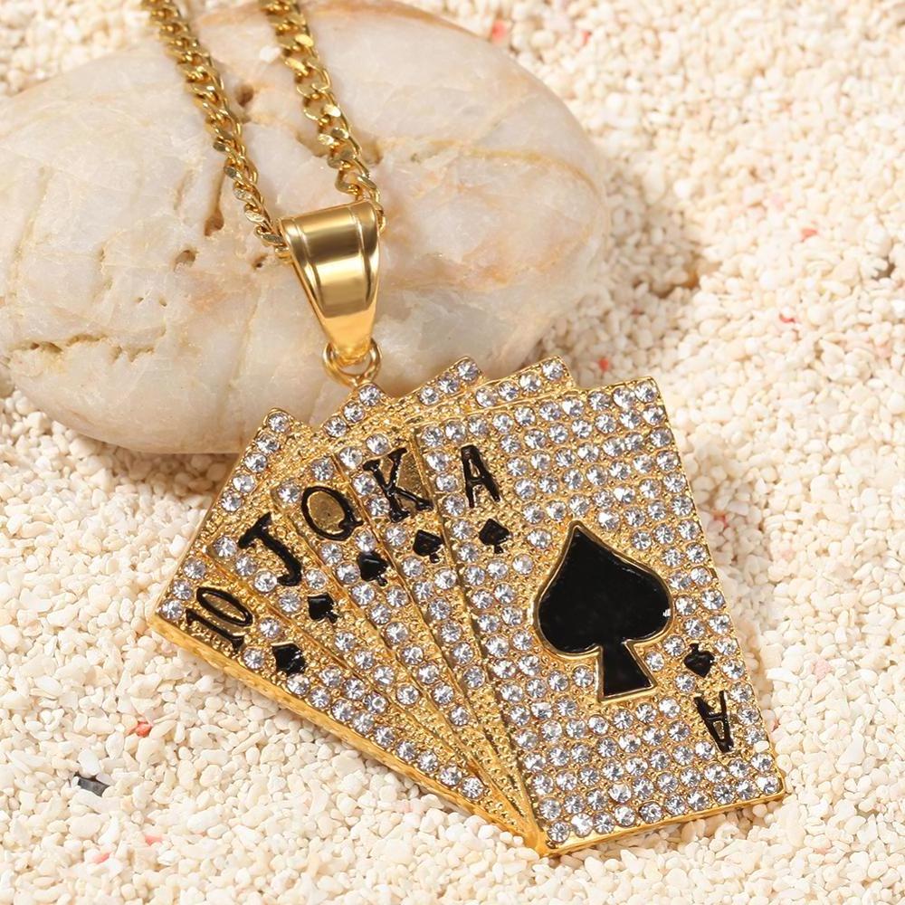 Hiphop Iced Out Playing Card Straight Flush Pendant With Stainless Steel Chain Men's Poker Necklace Golden Jewelry