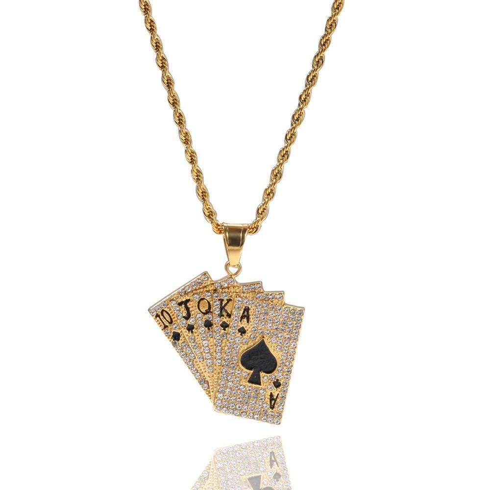 Hiphop Iced Out Playing Card Straight Flush Pendant With Stainless Steel Chain Men's Poker Necklace Golden Jewelry