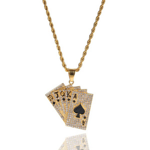 Hiphop Iced Out Playing Card Straight Flush Pendant With Stainless Steel Chain Men's Poker Necklace Golden Jewelry