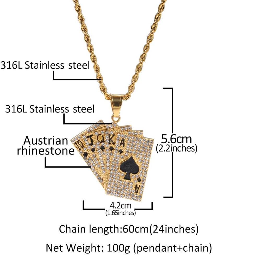 Hiphop Iced Out Playing Card Straight Flush Pendant With Stainless Steel Chain Men's Poker Necklace Golden Jewelry