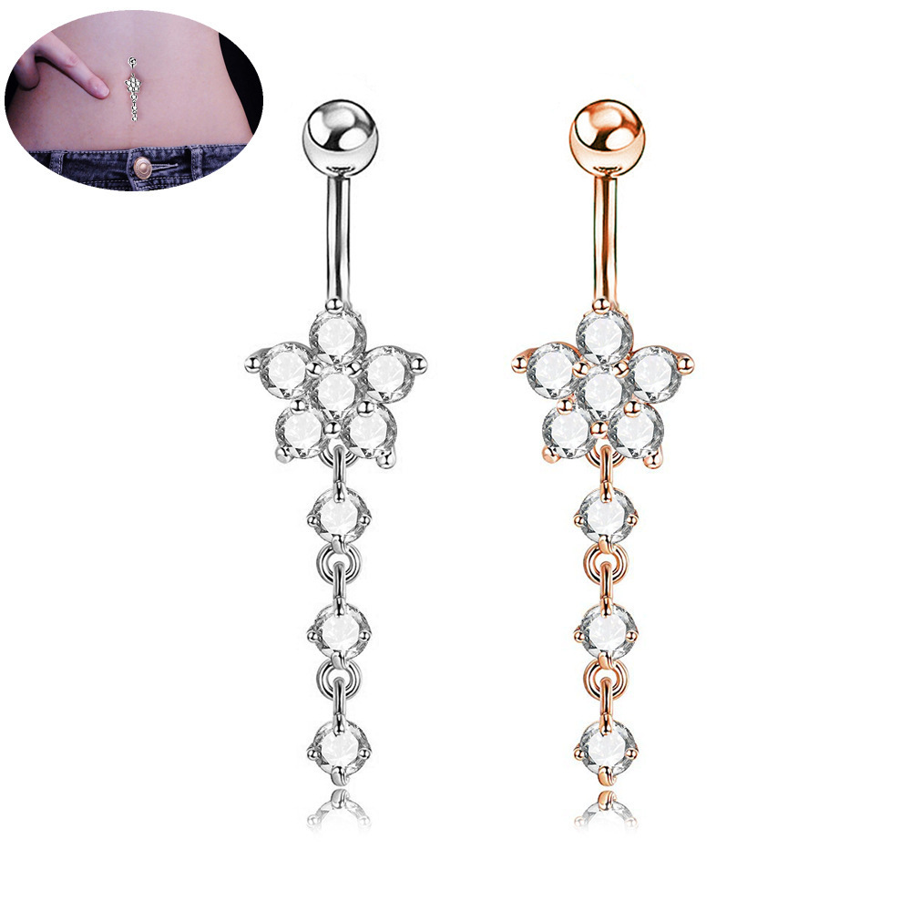 VRIUA Zircon Surgical Stainless Steel Navel Piercing Flower Tassel Pendant Belly Button Rings Belly Piercing Body Jewelry