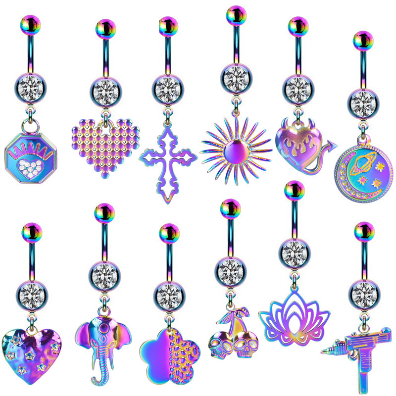 NUORO Hot Curved Barbell Heart Flower Sun Belly Button Rings for Women Zirconia Colorful Stainless Steel Navel Piercings