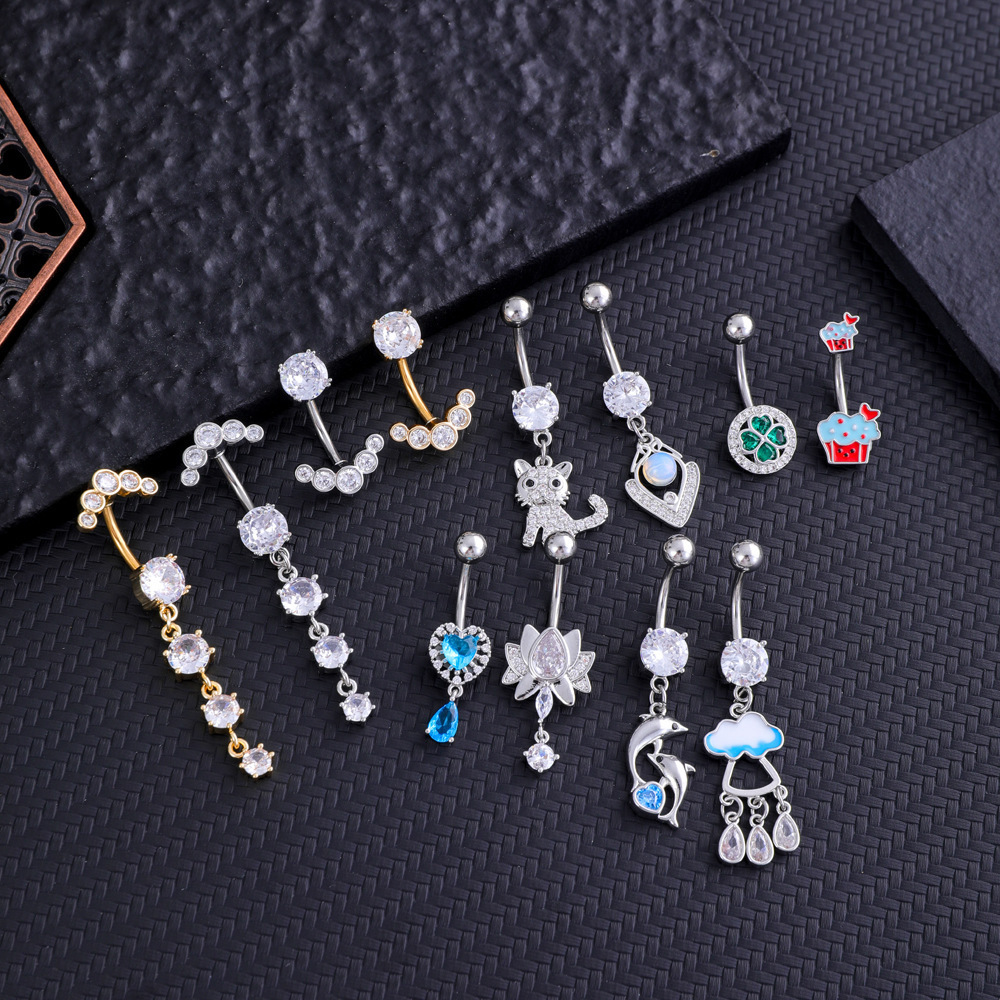 NUORO Shinny Crystal Cake Dolphins Clouds Curved Navel Rings For Women 316L Surgical Steel Flower Dangle Belly Piercing