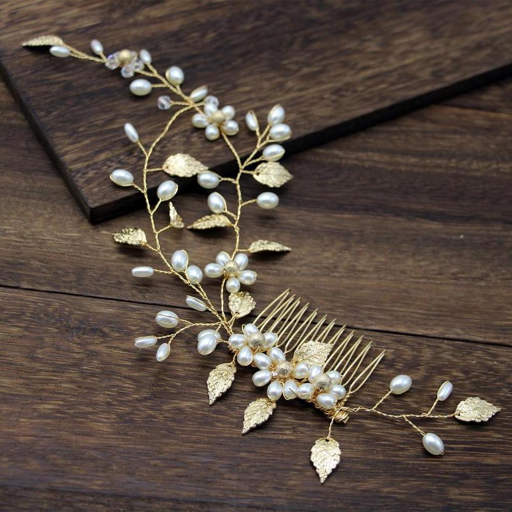 Trendy Gold Leaf Pearl Hair Combs Wedding Accessories Bridal Headpiece Hair ornaments Bride Women Hair Jewelry