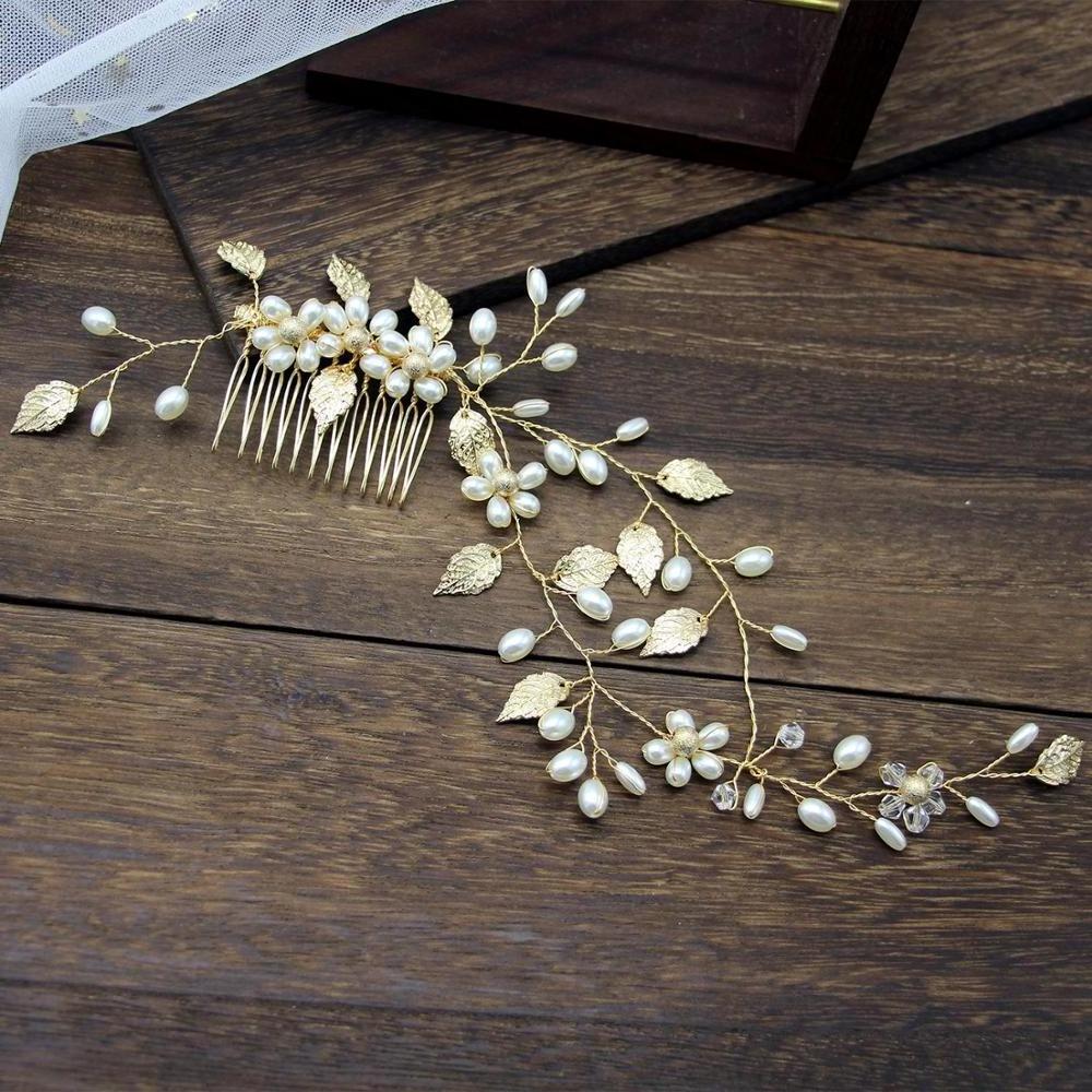 Trendy Gold Leaf Pearl Hair Combs Wedding Accessories Bridal Headpiece Hair ornaments Bride Women Hair Jewelry