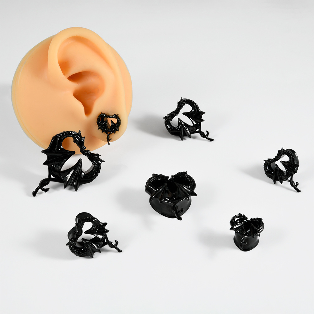 NUORO Punk Stainless Steel Dragon Ear Tunnels Black Double Flared Ear Gauges Expander Stretching Tunnels Earlobe Plugs