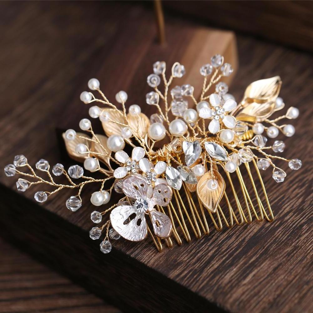 Trendy Gold Leaf Pearl Hair Combs Wedding Accessories Bridal Headpiece Hair ornaments Bride Women Hair Jewelry