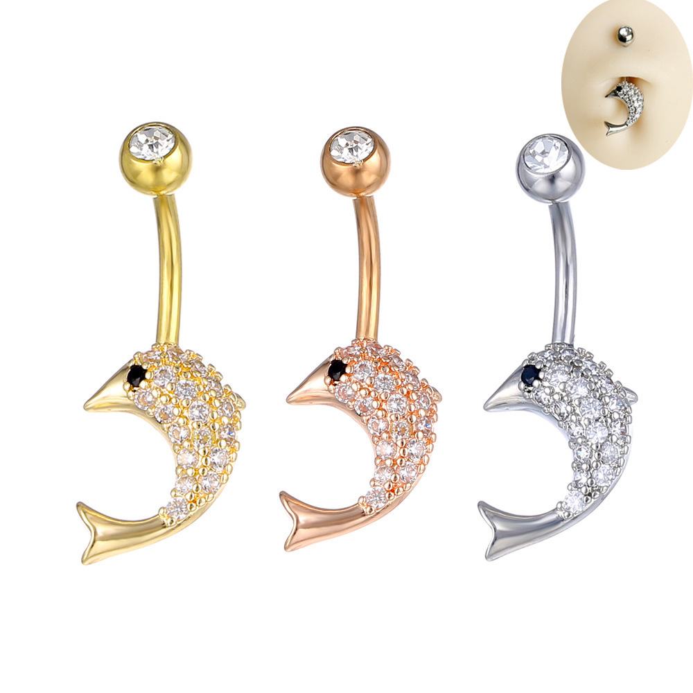 NUORO Fashion Cute Dolphin Belly Button Nail Stainless Steel Ocean Navel Rings CZ Inlaid Diamond Dolphin Body Piercing Jewelry