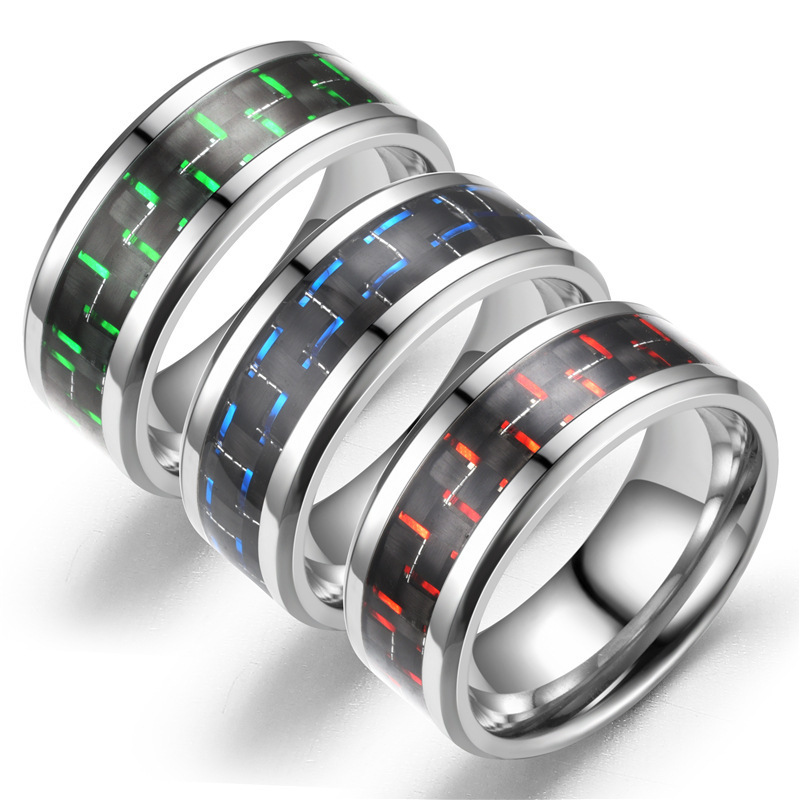 NUORO Fashion 8mm Black Tungsten Carbide Rings Green Blue Red Carbon Fibre Ring For Man Stainless Steel Band Rings