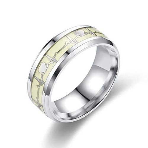 NUORO 8mm Fashion Stainless Steel Couple Promise Wedding Ring Dark Glowing Ring Jewelry for Men Women Heartbeat Luminous Ring