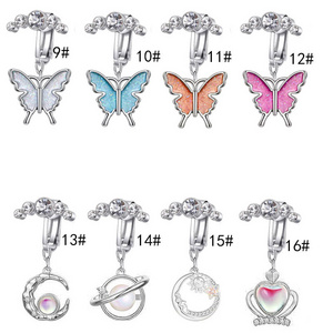 NUORO 1PC Colorful Butterfly Non Piercing Dangle Fake Belly Piercing Umbilical Heart Moon Clip on Belly Button Rings