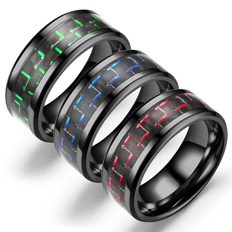 NUORO Fashion 8mm Black Tungsten Carbide Rings Green Blue Red Carbon Fibre Ring For Man Stainless Steel Band Rings