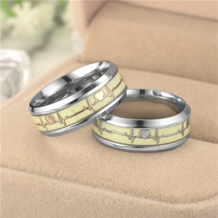 NUORO 8mm Fashion Stainless Steel Couple Promise Wedding Ring Dark Glowing Ring Jewelry for Men Women Heartbeat Luminous Ring