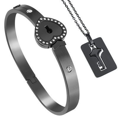 NUORO 2Pcs/Set Couple Lovers Jewelry Valentine's Day Gift Stainless Steel Love Heart Lock Bracelet Bangles Key Pendant Necklace