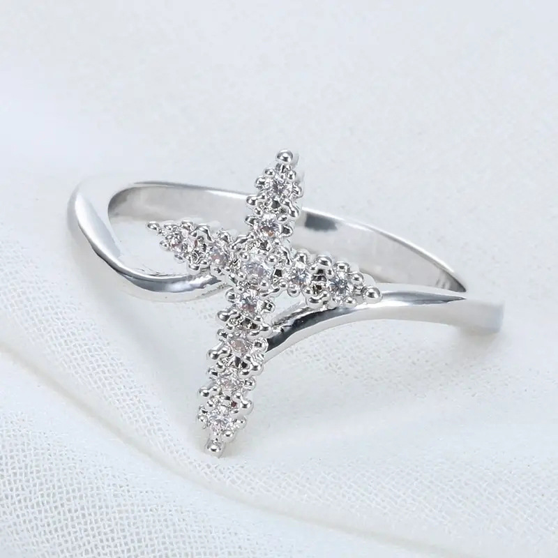 NUORO Inlaid Zirconia Geometric Cross Ring Jewelry Creative Cubic Pave Crystal Zircon Jesus Cross Charm Ring