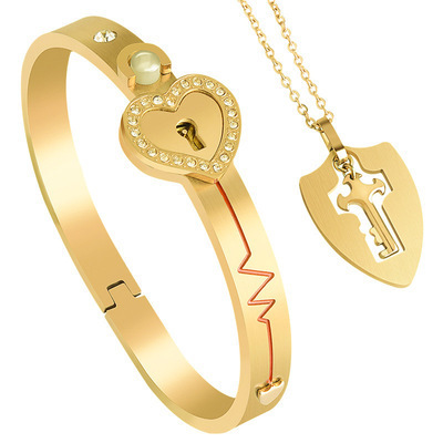 NUORO 2Pcs/Set Couple Lovers Jewelry Valentine's Day Gift Stainless Steel Love Heart Lock Bracelet Bangles Key Pendant Necklace