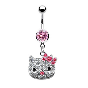 NUORO Cute Cat Crystal Dangling Belly Button Ring With Women Kitty Cartoon Umbilical Stainless Steel Navel Piercing