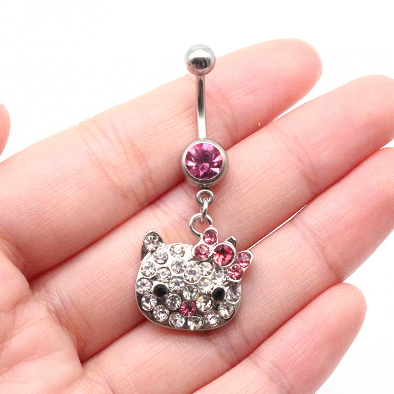 NUORO Cute Cat Crystal Dangling Belly Button Ring With Women Kitty Cartoon Umbilical Stainless Steel Navel Piercing