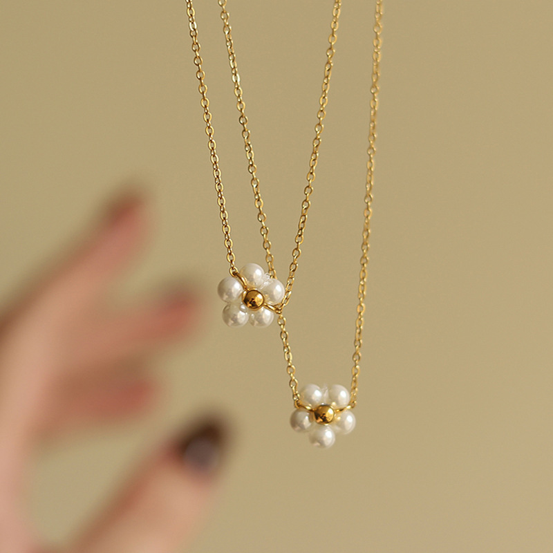 NUORO Stainless Steel 18K Gold Plated Bead Pearl Flower Necklace Handmade Handmade Shell Flower Charm Choker Necklace