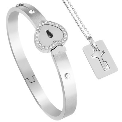 NUORO 2Pcs/Set Couple Lovers Jewelry Valentine's Day Gift Stainless Steel Love Heart Lock Bracelet Bangles Key Pendant Necklace