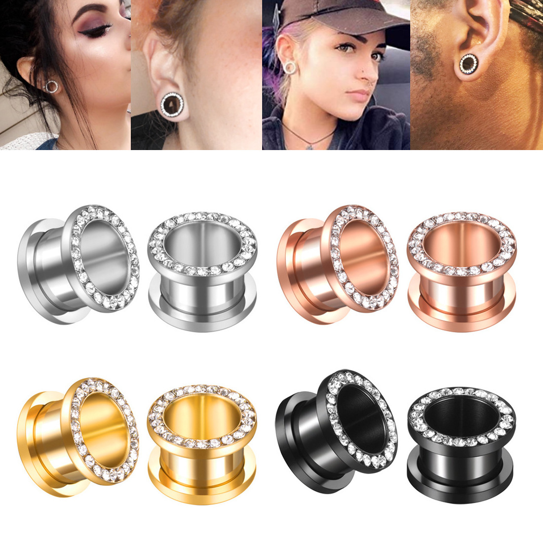 NUORO Hip Hop 6-16MM Ear Gauges Expander Body Piercing Jewelry Stretchers Gauges Rhinestones Stainless Steel Ear Plug Tunnels