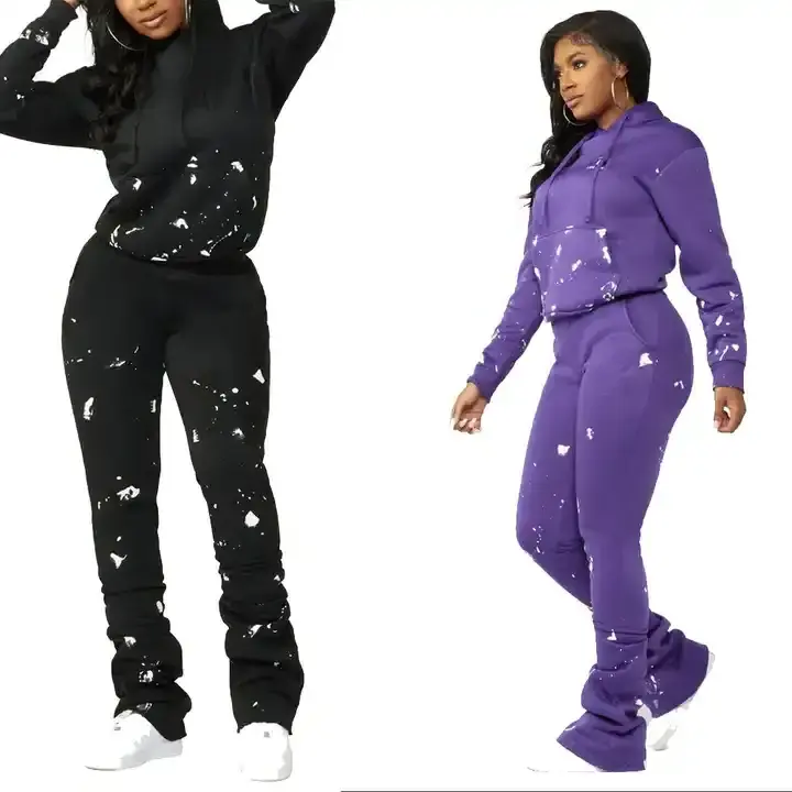 Apparel Manufacturers Street Wear Ink Print Stacked Pants Women Two Piece Set Sweatsuit Tracksuit in Black