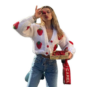 VSCOO in stock cute lantern sleeve v neck strawberry embroidery wool hand knit women cardigan sweater