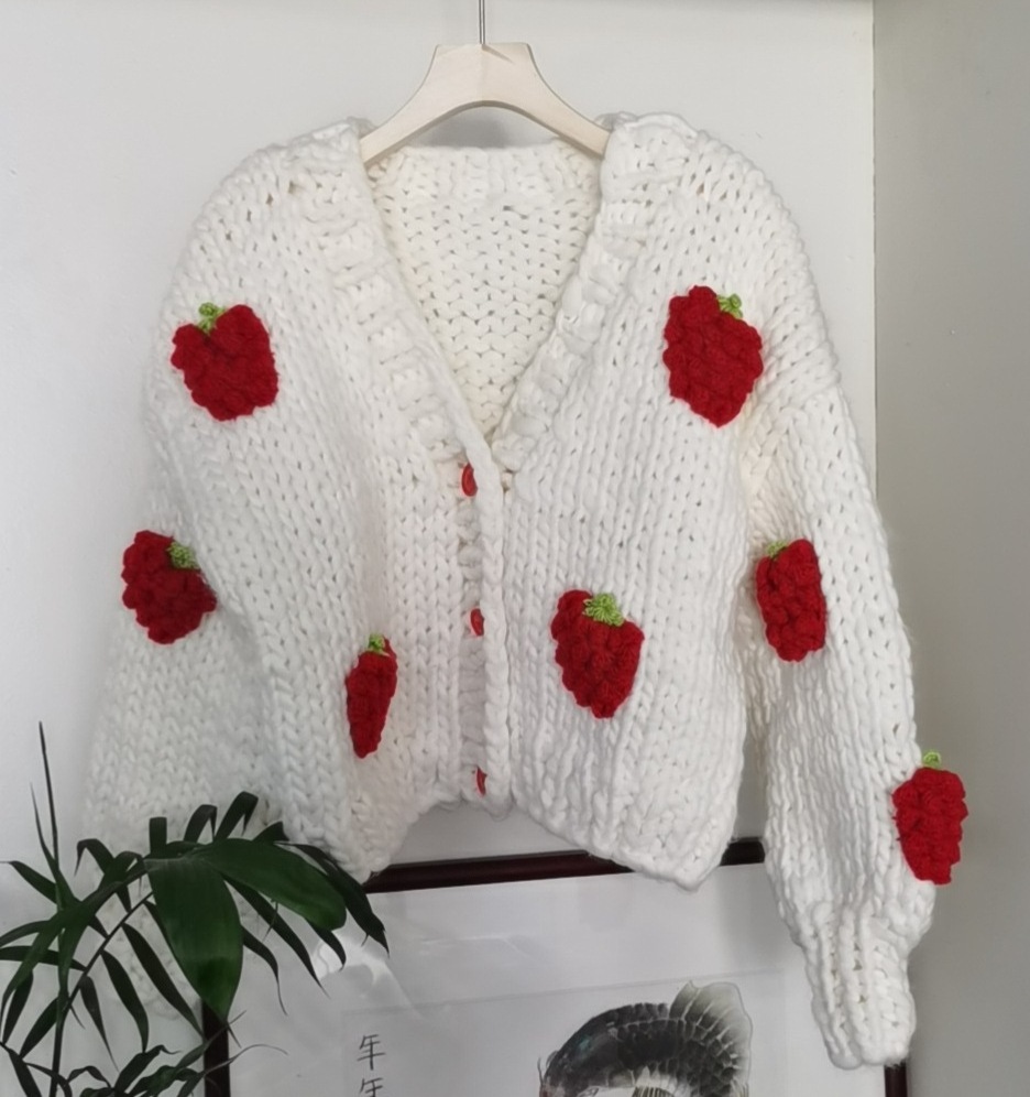 VSCOO in stock cute lantern sleeve v neck strawberry embroidery wool hand knit women cardigan sweater