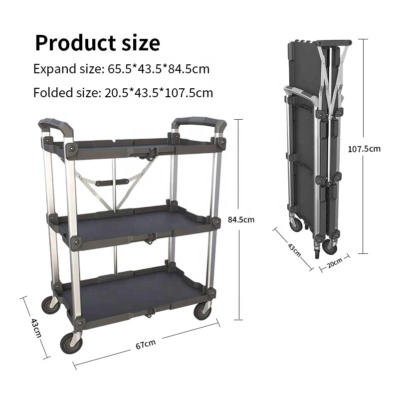 Hot sale Fold Up Rolling Cart - 3 Tier Push Cart Collapsible Utility Carts with Wheels Foldable for Office, Warehouse