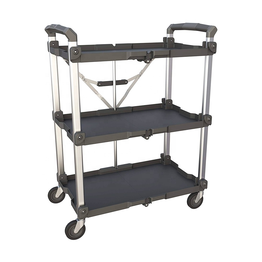 Hot sale Fold Up Rolling Cart - 3 Tier Push Cart Collapsible Utility Carts with Wheels Foldable for Office, Warehouse