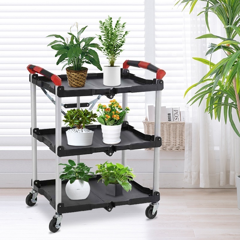 Hot sale Fold Up Rolling Cart - 3 Tier Push Cart Collapsible Utility Carts with Wheels Foldable for Office, Warehouse