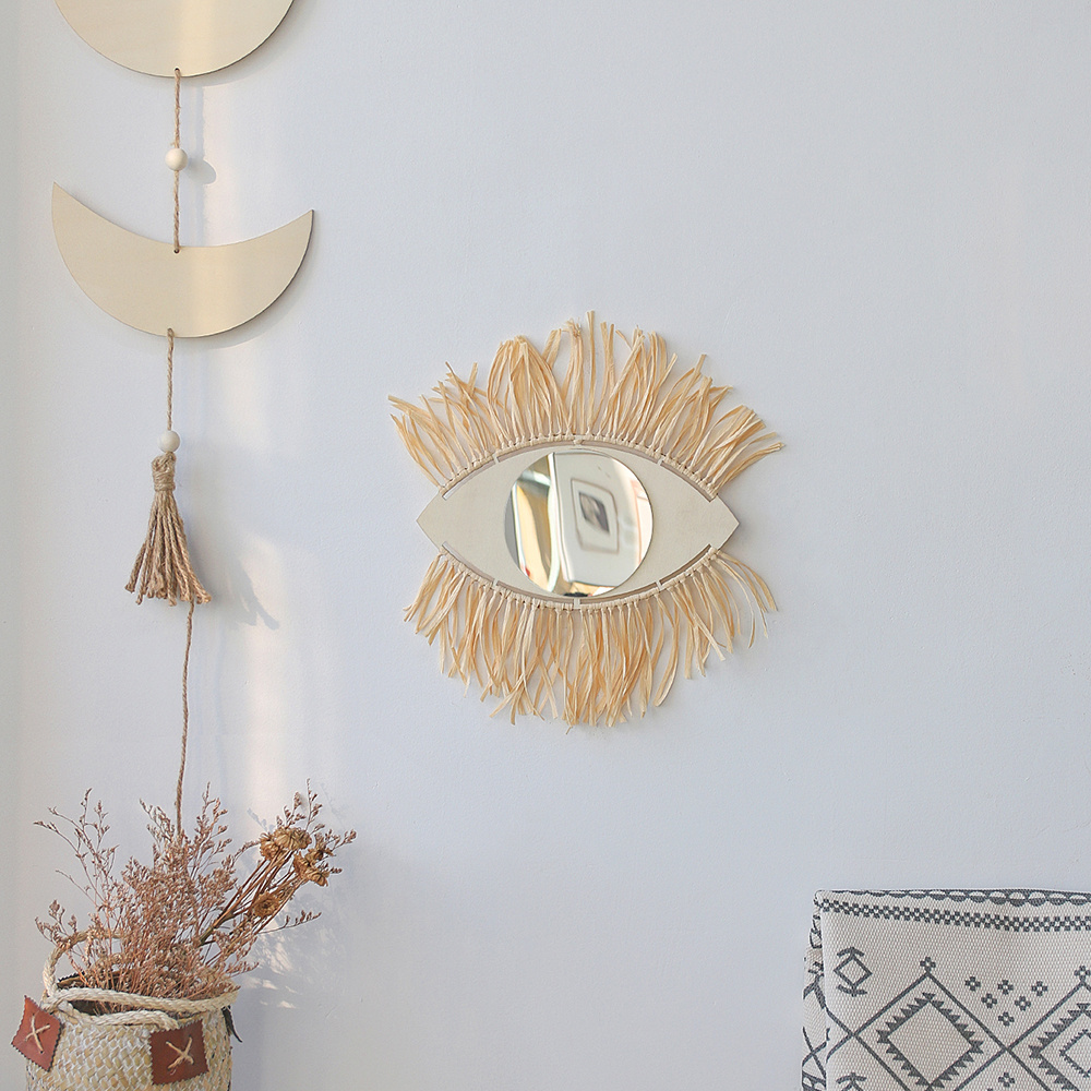 Boho Chic Vanity Nursery Handmade Woven Fabric Wall Hanging Rattan EYE Makeup Mirror Home Fall Decor Baby Bedroom Decoration