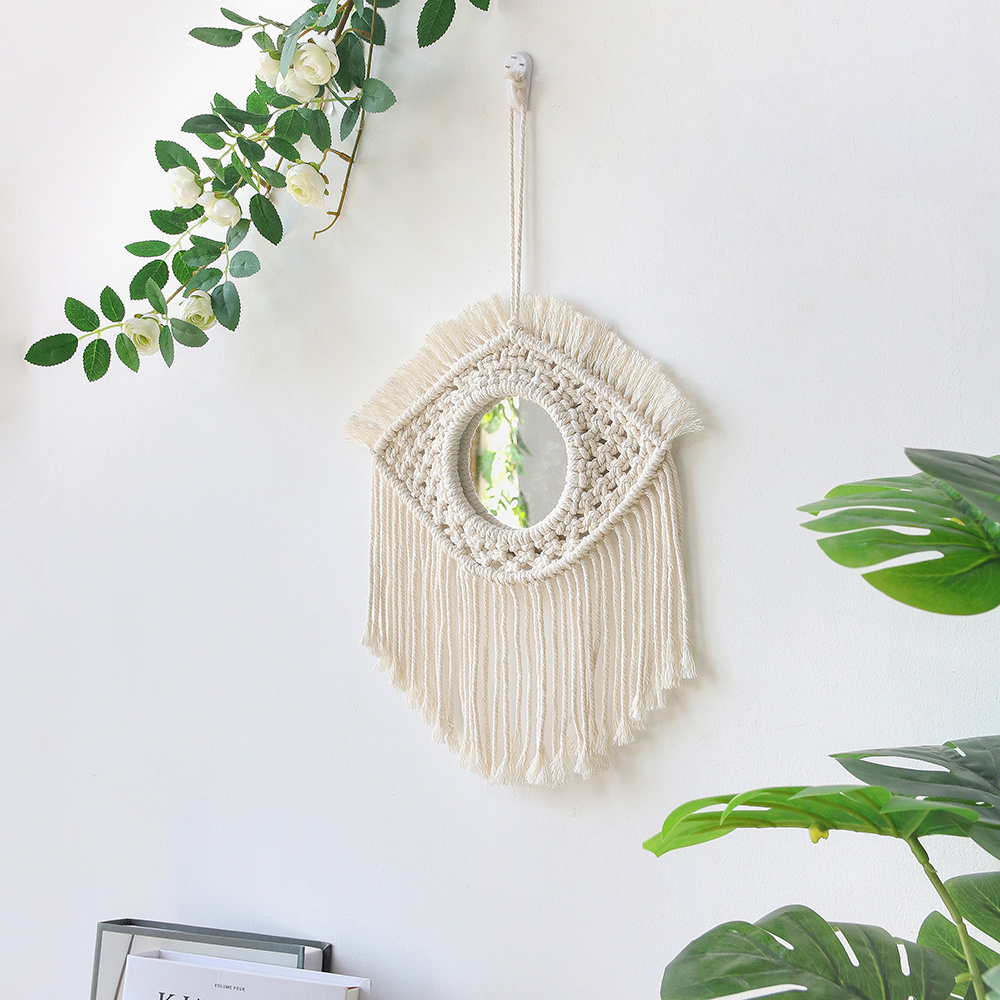 Nordic Bohemia Boho Rattan Large Round Handmade Macrame Tapestry Cotton Makeup Porch Mirror Wall Hanging Chic Home Decoration