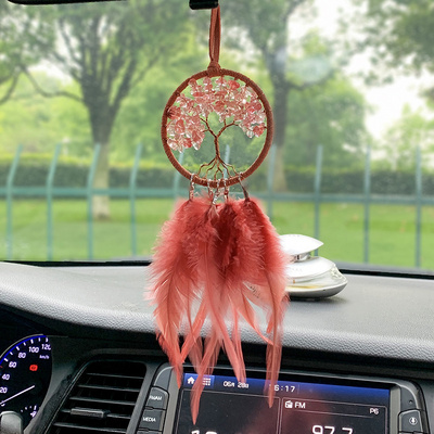 Tree Of Life Dream Catcher Car Hanging Ornament Fengshui Healing Stones Crystal Dream Catcher Feather Wall Hanging Car Decor