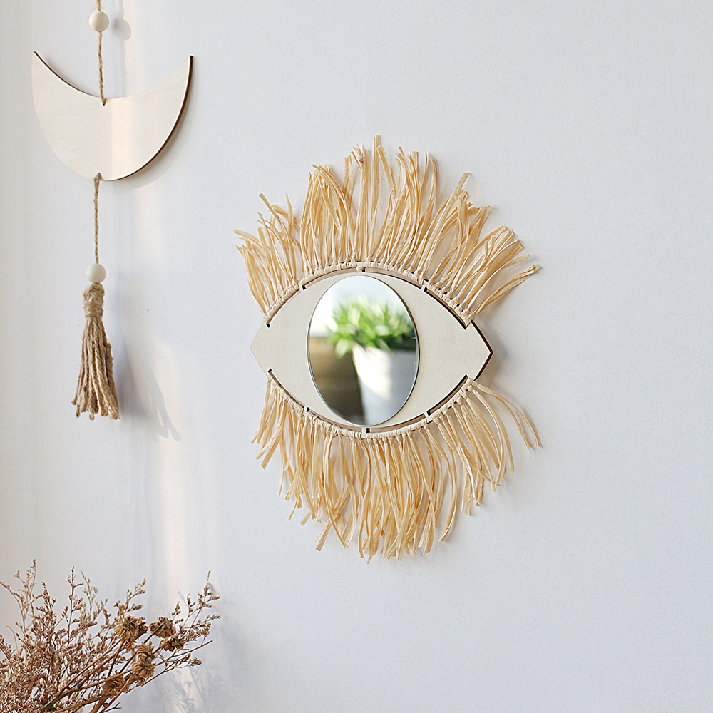 Boho Chic Vanity Nursery Handmade Woven Fabric Wall Hanging Rattan EYE Makeup Mirror Home Fall Decor Baby Bedroom Decoration