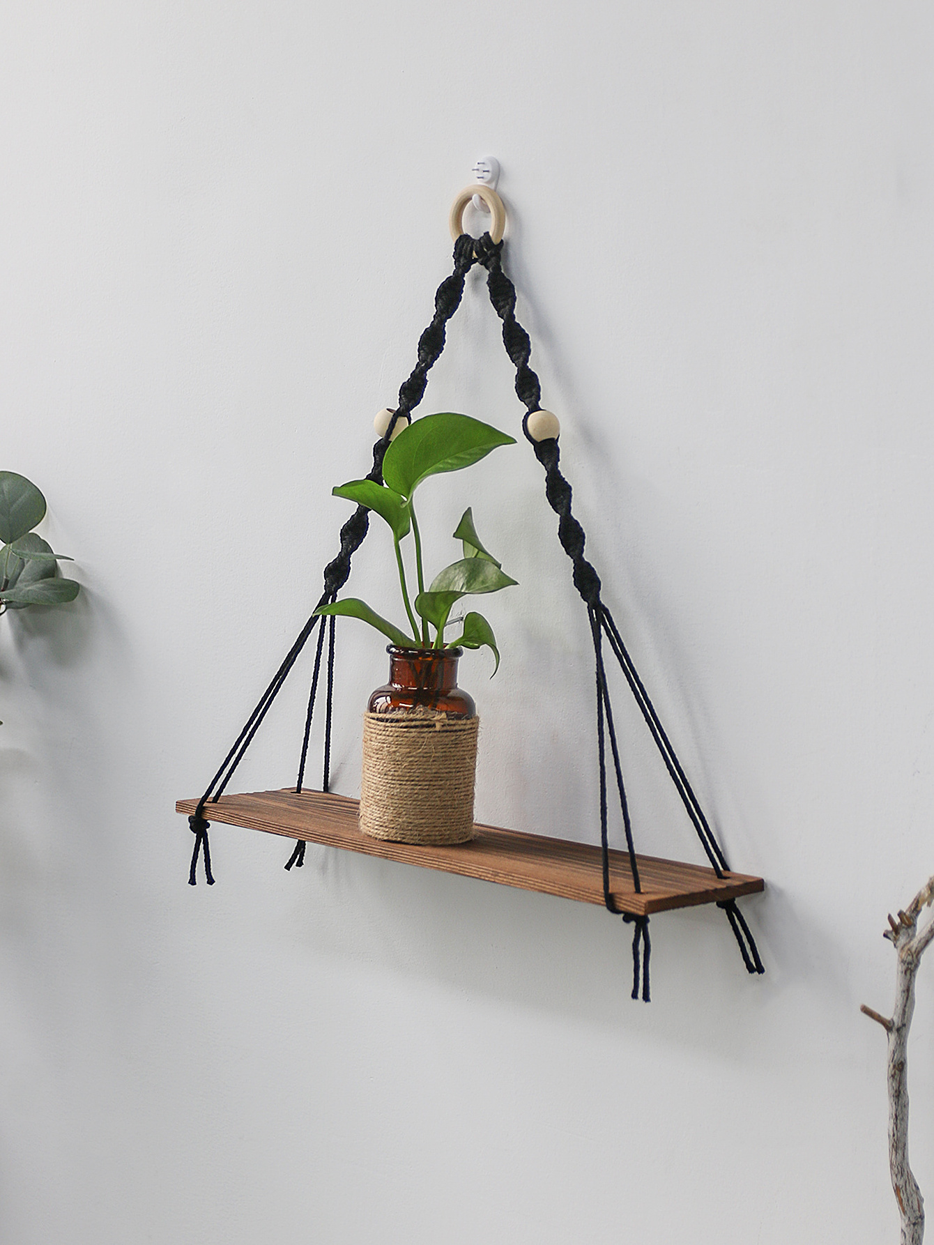 Macrame Wall Hanging Tapestry Rack Bohemian Hand-Woven Wooden Shelves Wall Tapestry Plant Stand Home Room Decoration Ornament