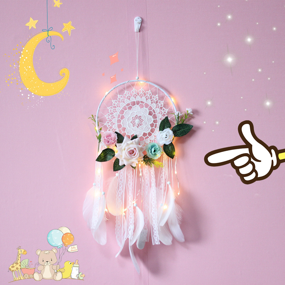 Girl Heart Dream Catcher National Feather Ornaments Lace Ribbons Feathers Wrapped Lights Girls Room Decor Dreamcatcher