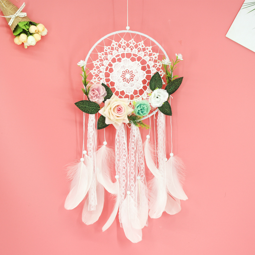 Girl Heart Dream Catcher National Feather Ornaments Lace Ribbons Feathers Wrapped Lights Girls Room Decor Dreamcatcher