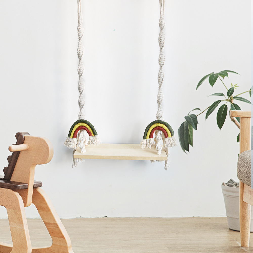 Macrame Baby Swing Wooden Wall Shelf Handmade Hammock Swing Shelf Floating Wall Shelves Rainbow Photography Nursery Home Decor