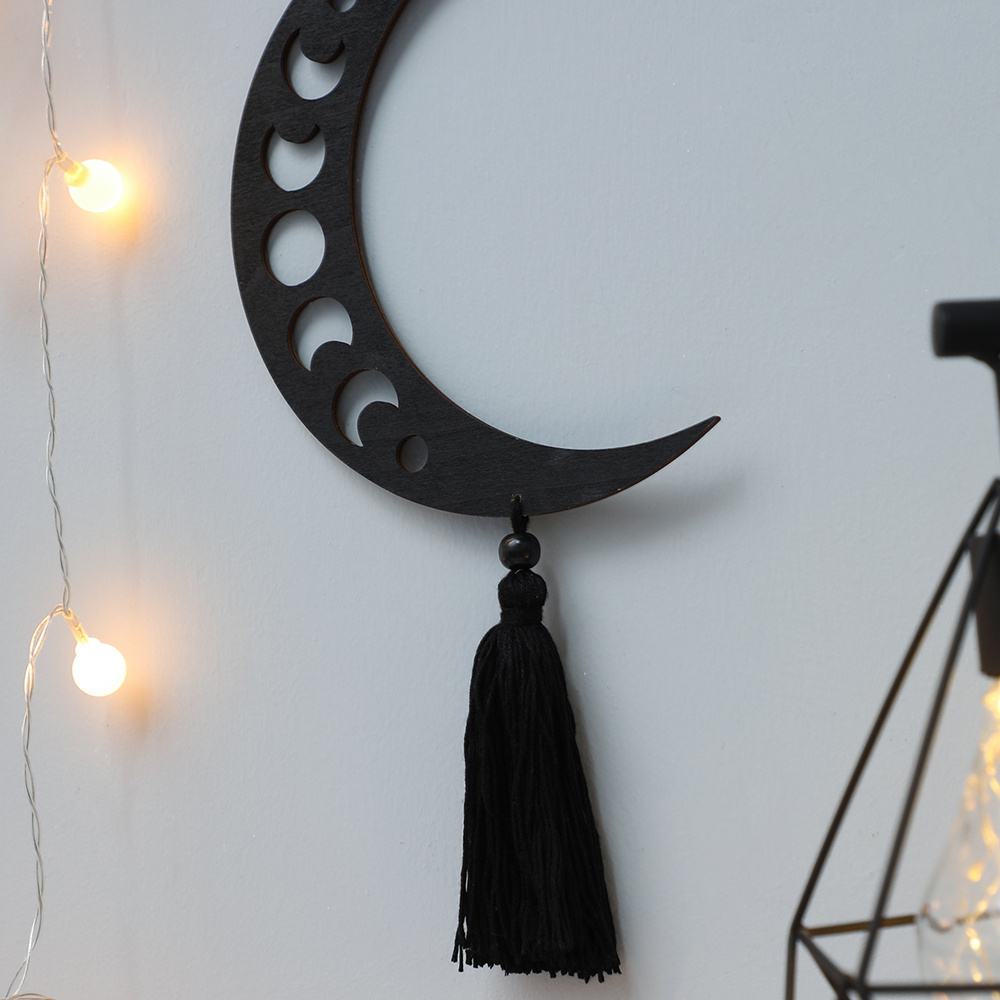 Moon Cycle Wall Wooden Decorative Black Moon Phase Wall Art With Tassel Boho Wall Hanging For Bedroom Living Room Decoration