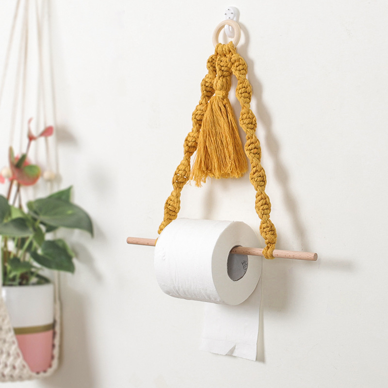 Artilady Boho Toilet Paper Holder Dispenser Hand-woven Tapestry Macrame Wall Hanging Bathroom Towel Rack Decoration