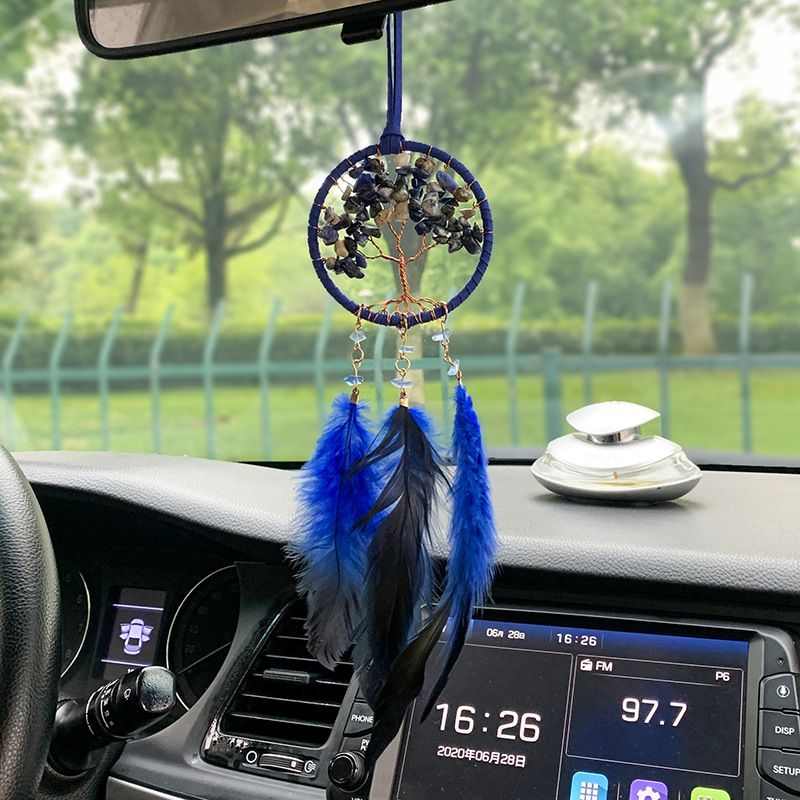 Tree Of Life Dream Catcher Car Hanging Ornament Fengshui Healing Stones Crystal Dream Catcher Feather Wall Hanging Car Decor