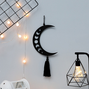 Moon Cycle Wall Wooden Decorative Black Moon Phase Wall Art With Tassel Boho Wall Hanging For Bedroom Living Room Decoration