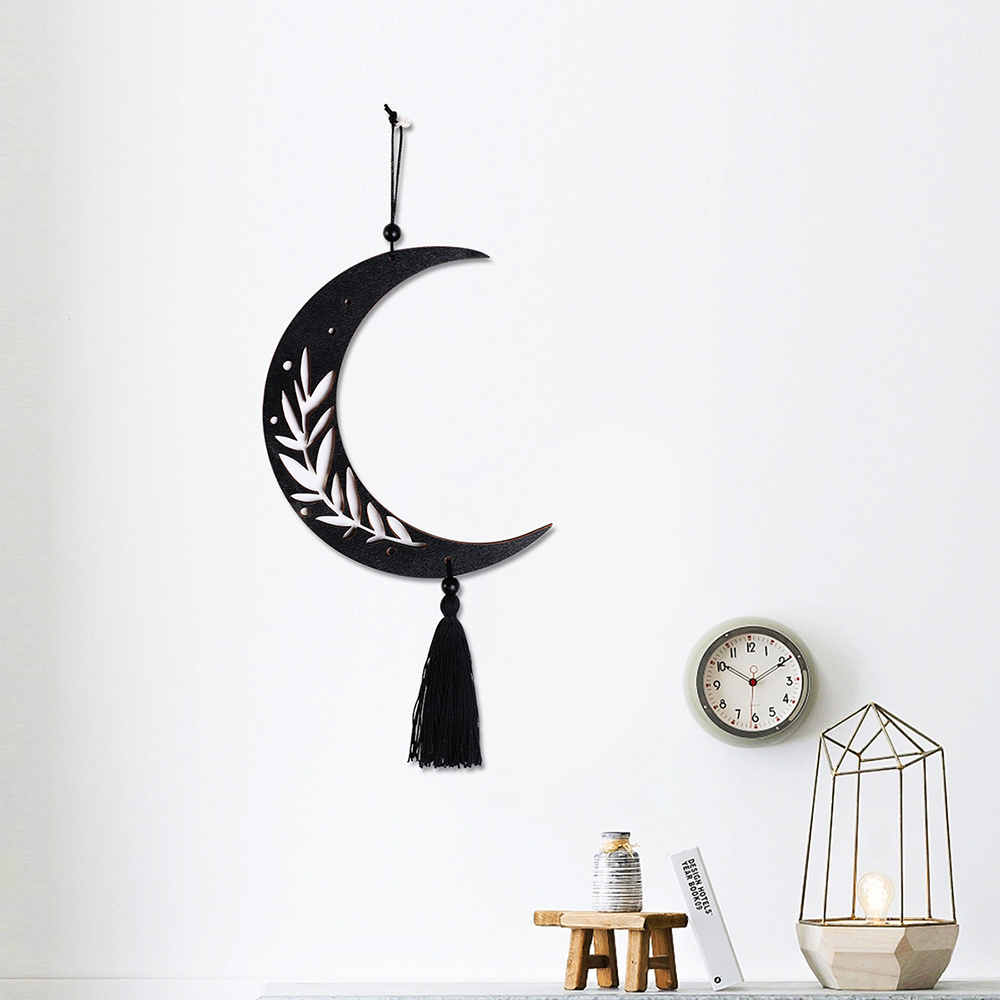 Moon Cycle Wall Wooden Decorative Black Moon Phase Wall Art With Tassel Boho Wall Hanging For Bedroom Living Room Decoration