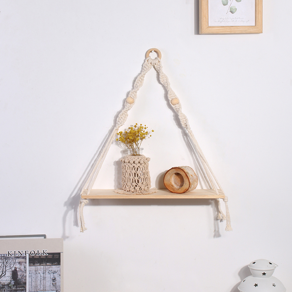 Handmade Cotton Macrame Wall Hanging Plant Flower Hanger Pot Holder Macrame Wooden Floating Shelves Indoor Decoration