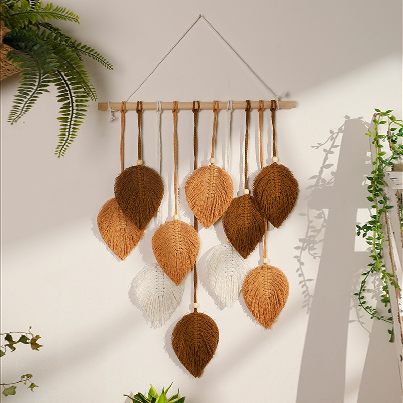 Macrame Leaf Wall Hanging Green Brown Wall Decor For Nursery Hand-Woven Cotton Large Macrame Tapestry Leaves Art Home Decoration