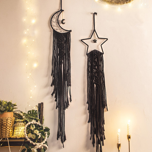 2PCS Moon Star Dream Catchers Wall Decor With LED String Lights Handmade Macrame Woven Wall Hanging Boho Dream Catcher For Girls